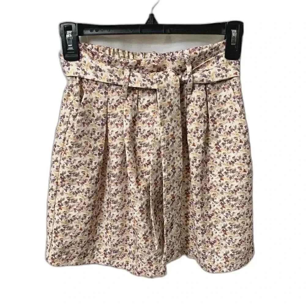 Zara Womens SM Purple Cream Yellow Floral Paperbag Shorts High Waisted with Tie - Picture 1 of 14